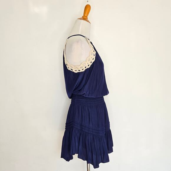 Ramy Brook Rowan Mini Dress Crochet Trim Navy Halter Top Ruffle Women XS - Picture 3 of 13
